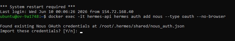 Authentification pour Hermes dans le conteneur